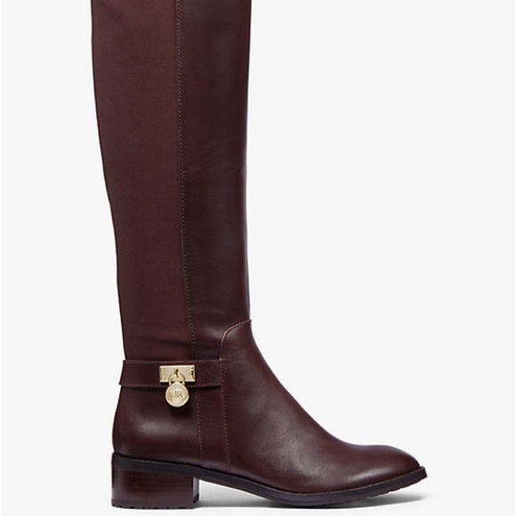 Michael Kors Hamilton Stretch Dark Brown Leather Riding Boots with Gold Accents - Picture 1 of 7
